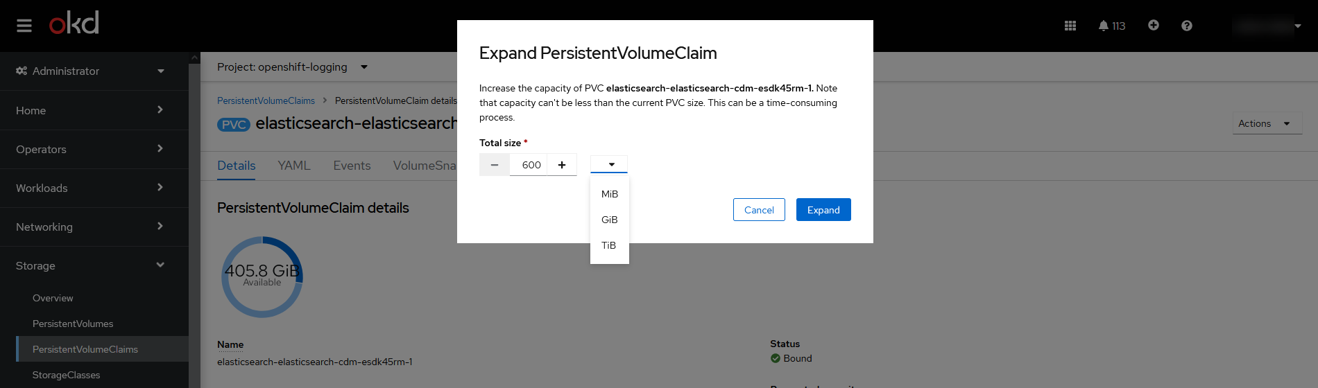 elastic search volume claim