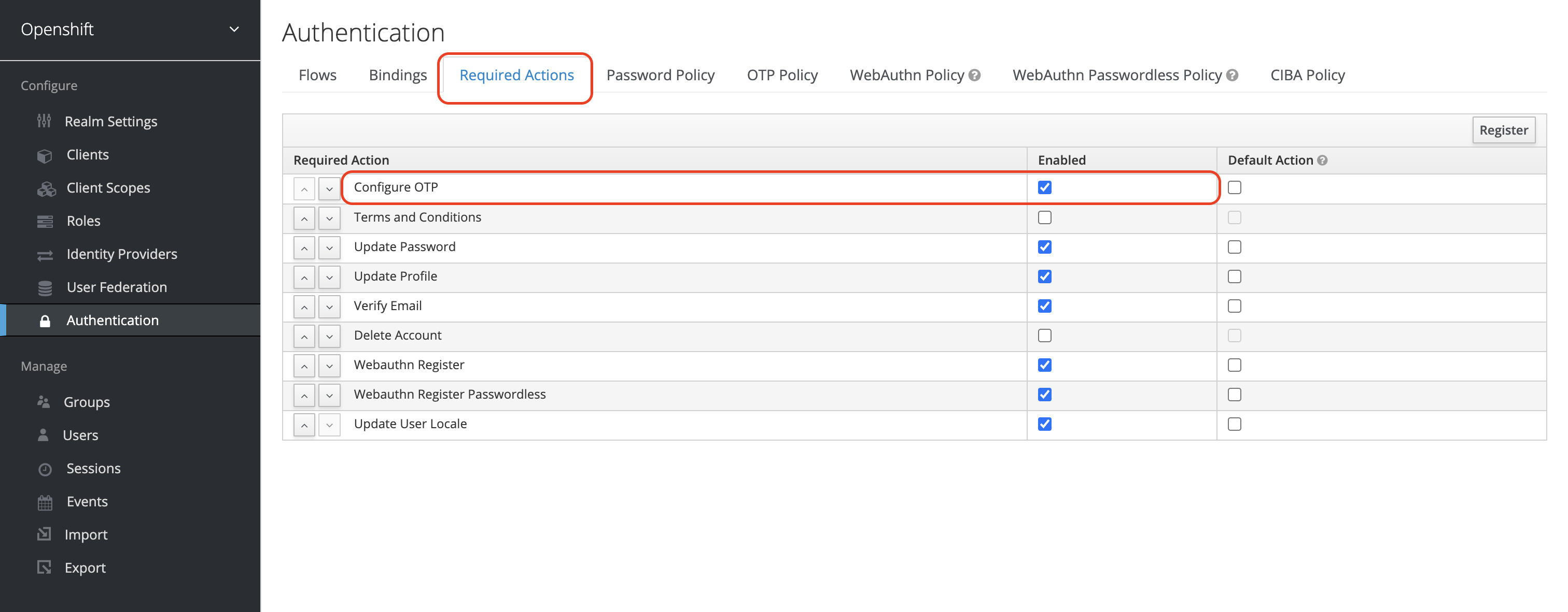 Кроки налаштування OTP "Required Actions"